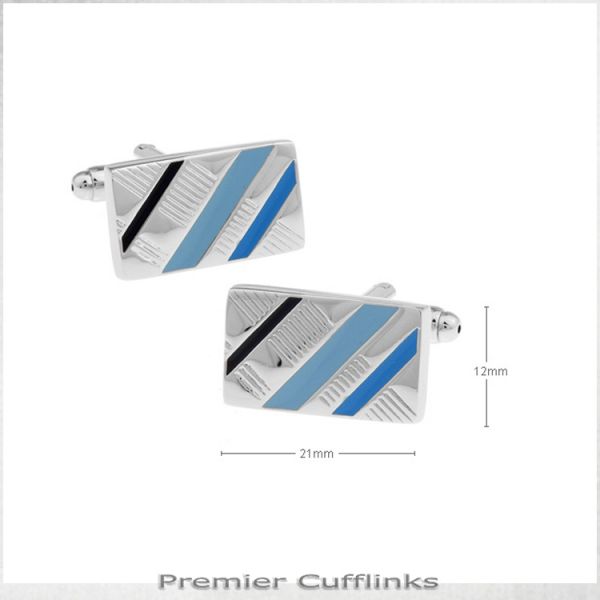 SILVER WITH BLACK AND BLUE DIAGONAL STRIPES CUFFLINKS