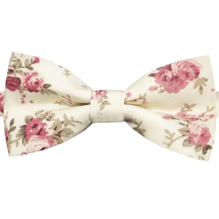 Cream with Pink Roses Pattern Bow Tie