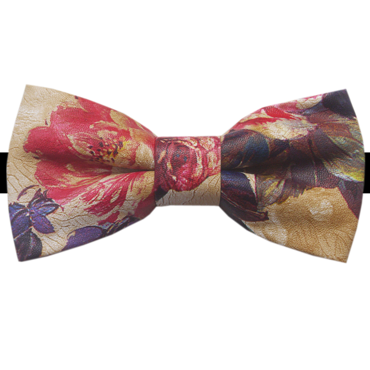 Tan with Pastel Florals Bicast Leather Bow Tie
