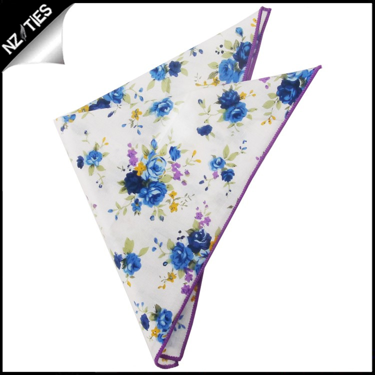 White with Purple & Blue Floral Pocket Square