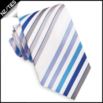 White With Blue, Grey And White Stripes Mens Tie