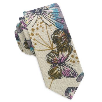 Beige With Butterfly Pattern Men’s Skinny Tie