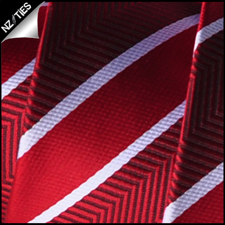 Red & White Zig Zag Stripes Mens Necktie 2