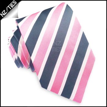 Pink, Dark Grey And White Stripes Mens Tie