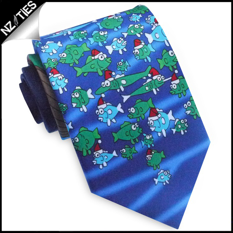 Light Blue Santa Fishing Christmas Tie