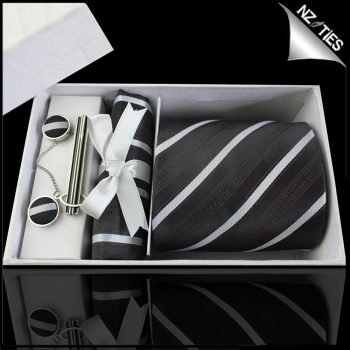 Black With Thin White Bands & Zip Texture Tie Set