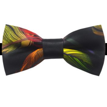 Black Colourful Leaf Pattern Bicast Leather Bow Tie