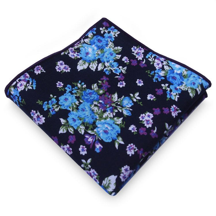 Black with Blue & Purple Floral Pocket Square