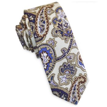 Cream With Blue Floral Paisley Men’s Skinny Tie