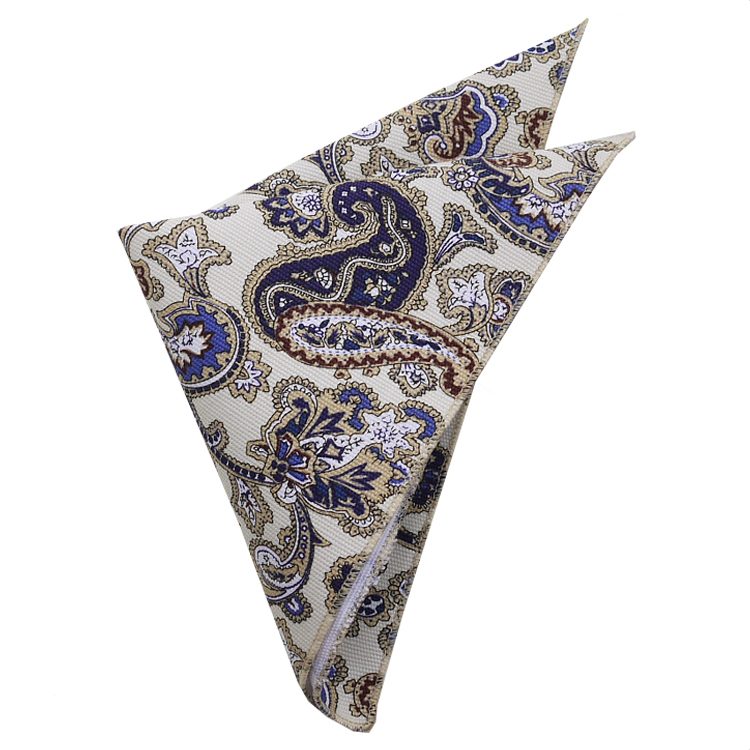 Cream with Blue Floral Paisley Pocket Square