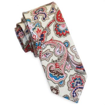 Cream With Red Floral Paisley Men’s Skinny Tie
