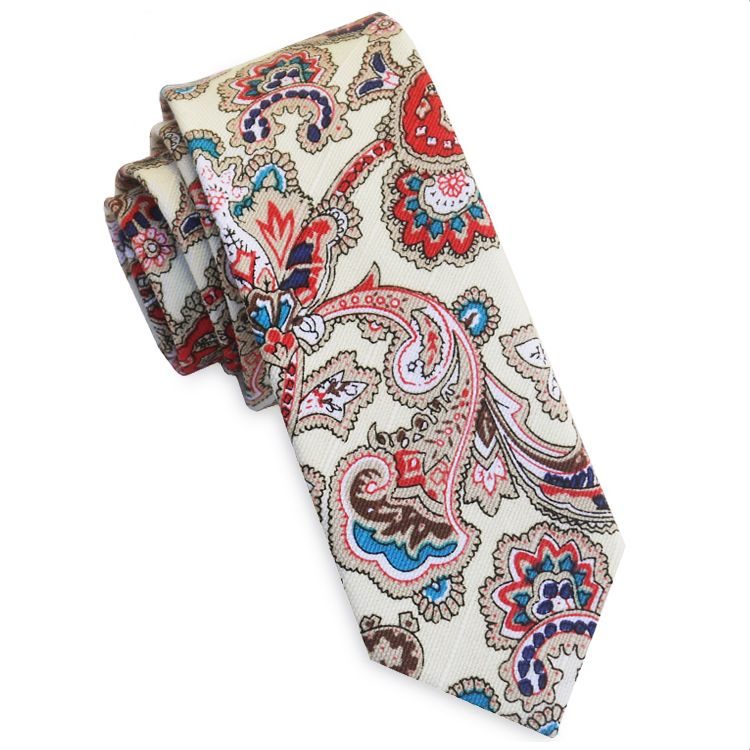 Cream with Red Floral Paisley Men's Skinny Tie