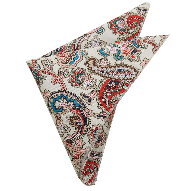 Cream with Red Floral Paisley Pocket Square
