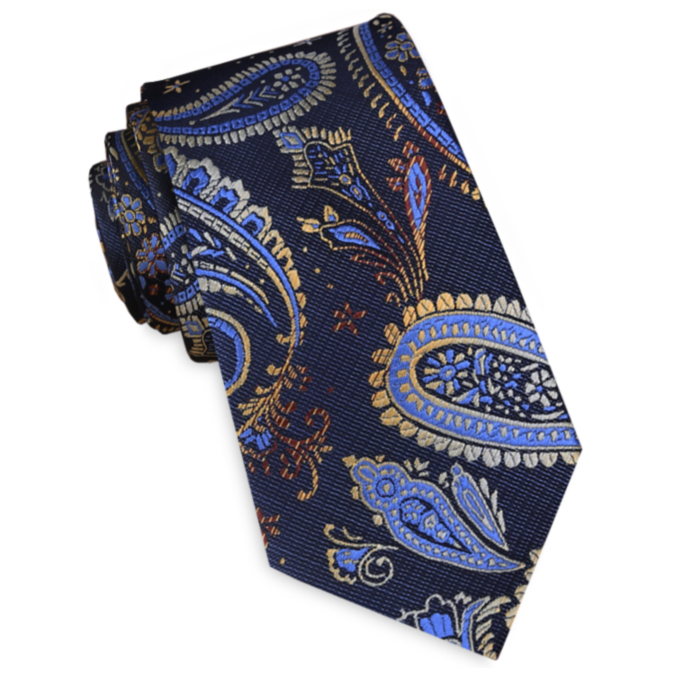 Navy Blue with Light Blue & Gold Paisley Slim Tie