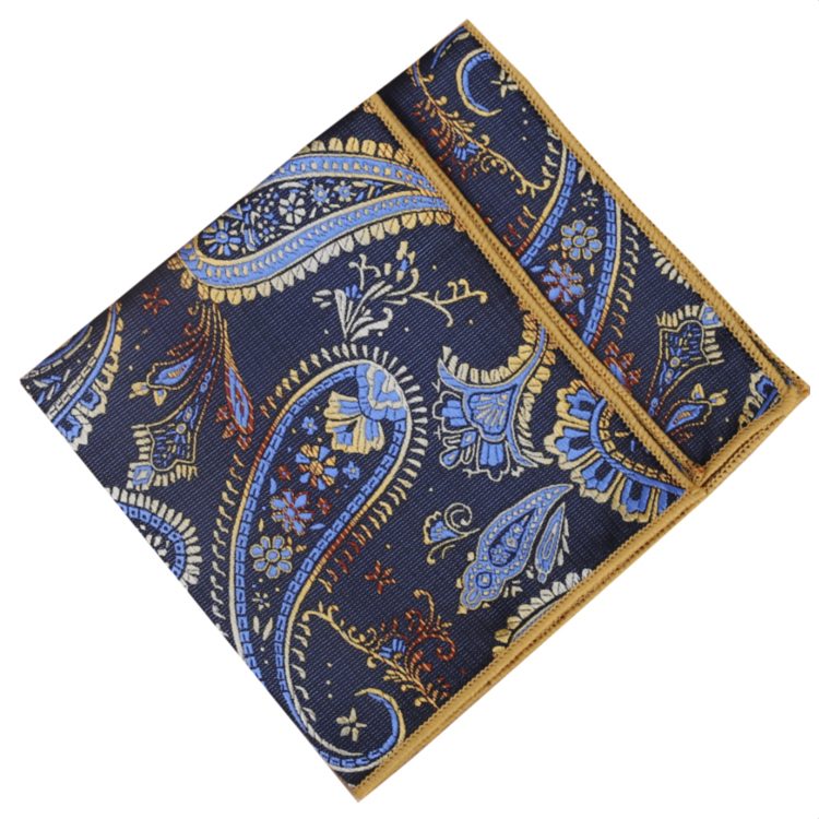 Mens Navy, Light Blue and Gold Paisley Pocket Square