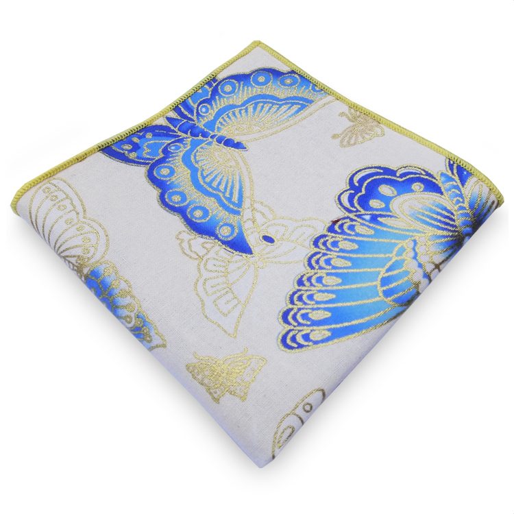 Off White with Blue & Gold Butterflies Pocket Square