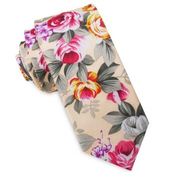 Pale Peach With Pink & Gold Floral Men’s Slim Tie
