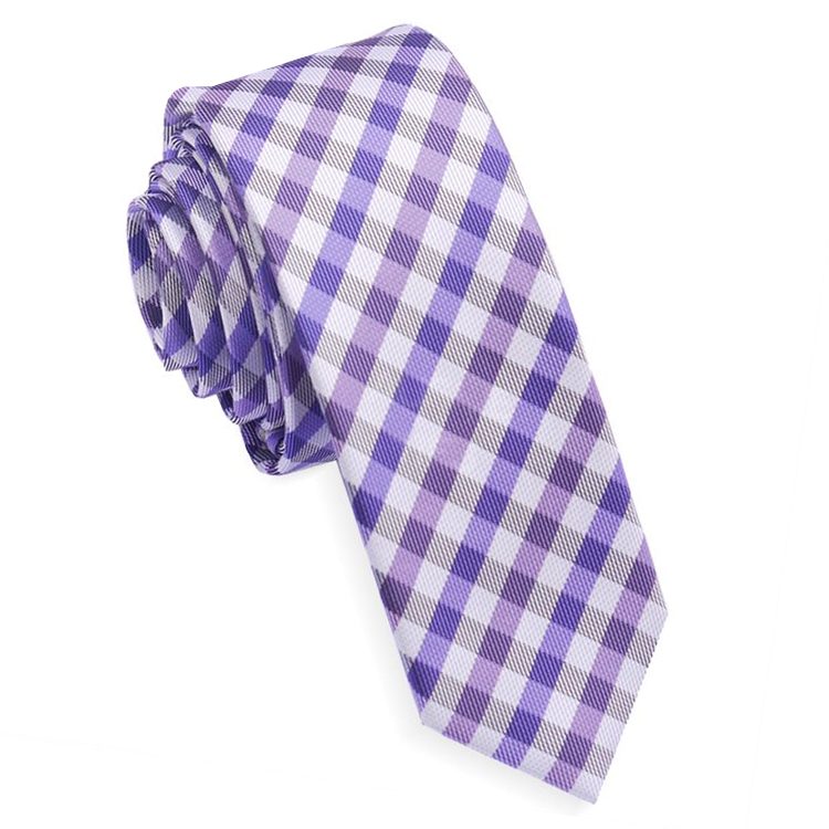 Purple & White Check Plaid Skinny Tie