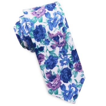 White With Blue & Lilac Flowers Men’s Skinny Tie