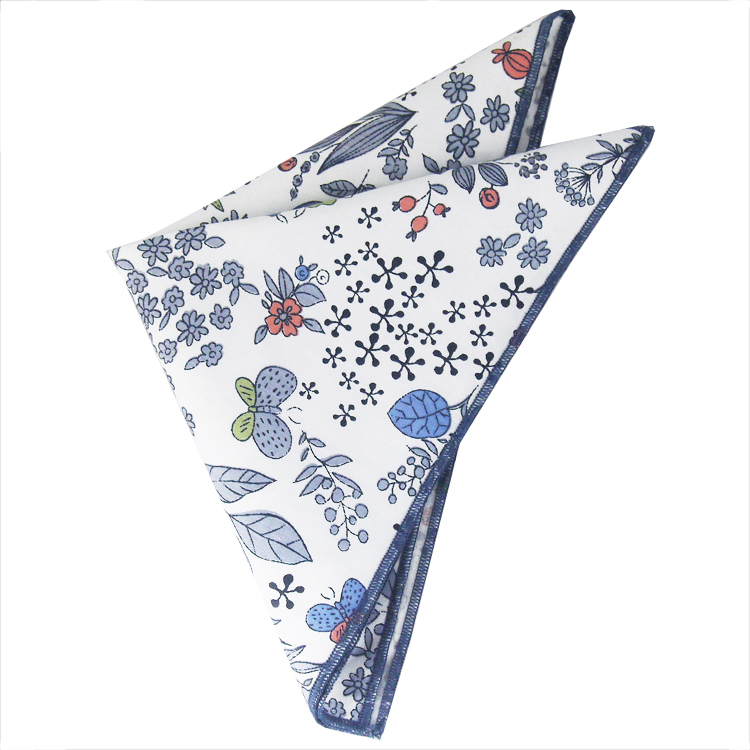 White with Blue, Red & Green Floral Pattern Pocket Square