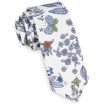 White With Blue, Red & Green Floral Pattern Men’s Skinny Tie