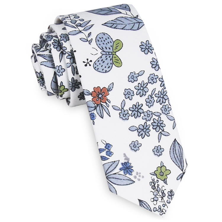 White with Blue, Red & Green Floral Pattern Men's Skinny Tie
