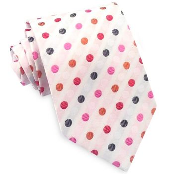 White With Orange, Black, Red And Pink Polkadots Mens Tie