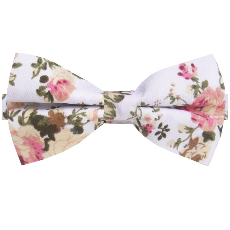 White with Floral Pattern Bow Tie