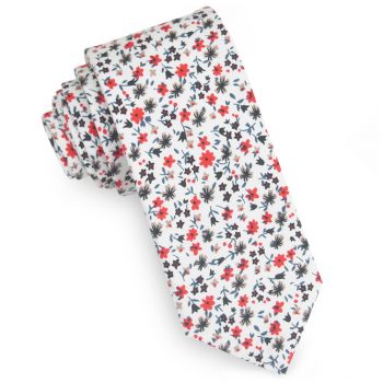 White With Red, Black & Beige Floral Pattern Men’s Skinny Tie