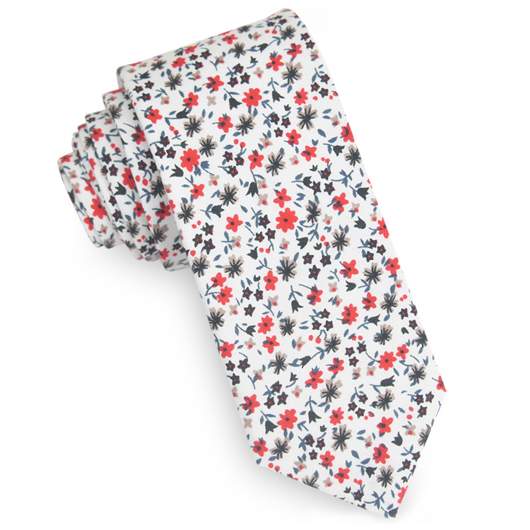 White with Red, Black & Beige Floral Pattern Men's Skinny Tie