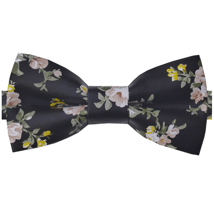 Black with Pink & Yellow Floral Bicast Leather Bow Tie
