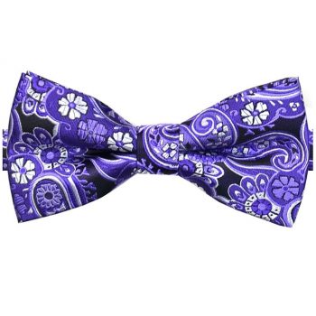 Black With Purple & White Paisley Floral Bow Tie