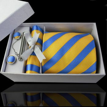 Blue With Textured Yellow Stripes Tie Set