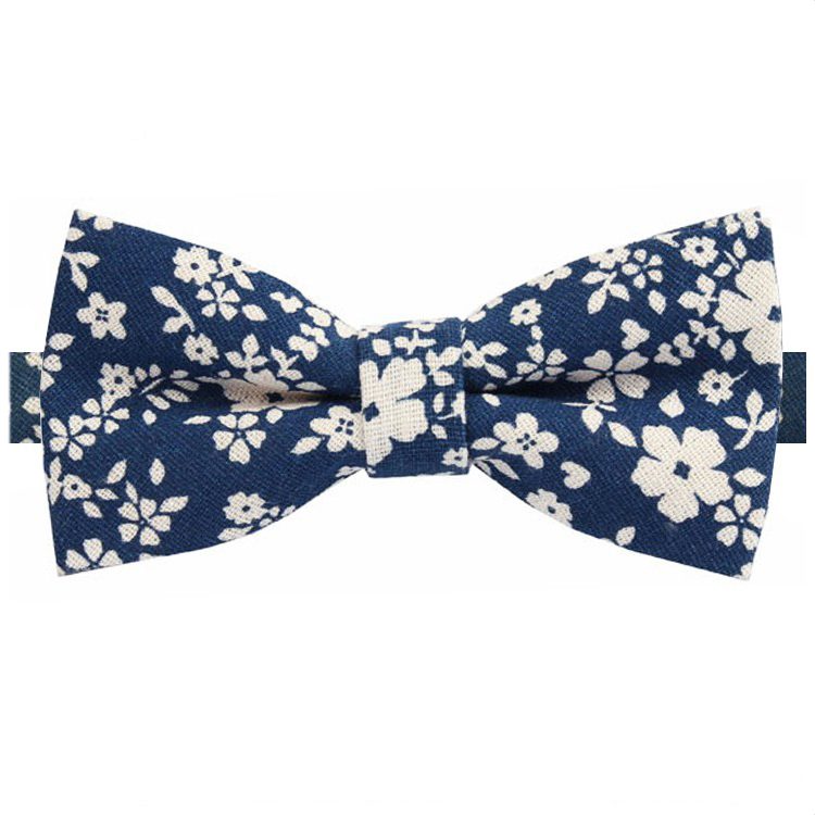 Navy Blue with White Floral Pattern Bow Tie