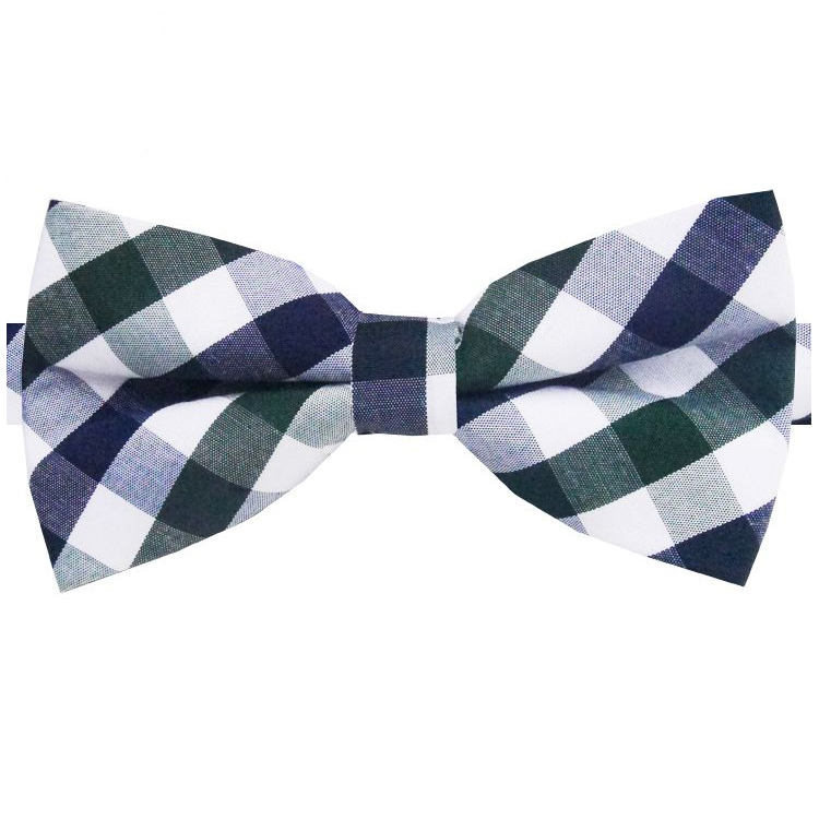 Dark Blue, Green & White Check Bow Tie