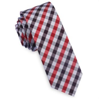 Red, Burgundy & White Check Plaid Skinny Tie