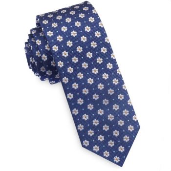 Textured Navy Blue With Floral Pattern Mens Skinny Tie