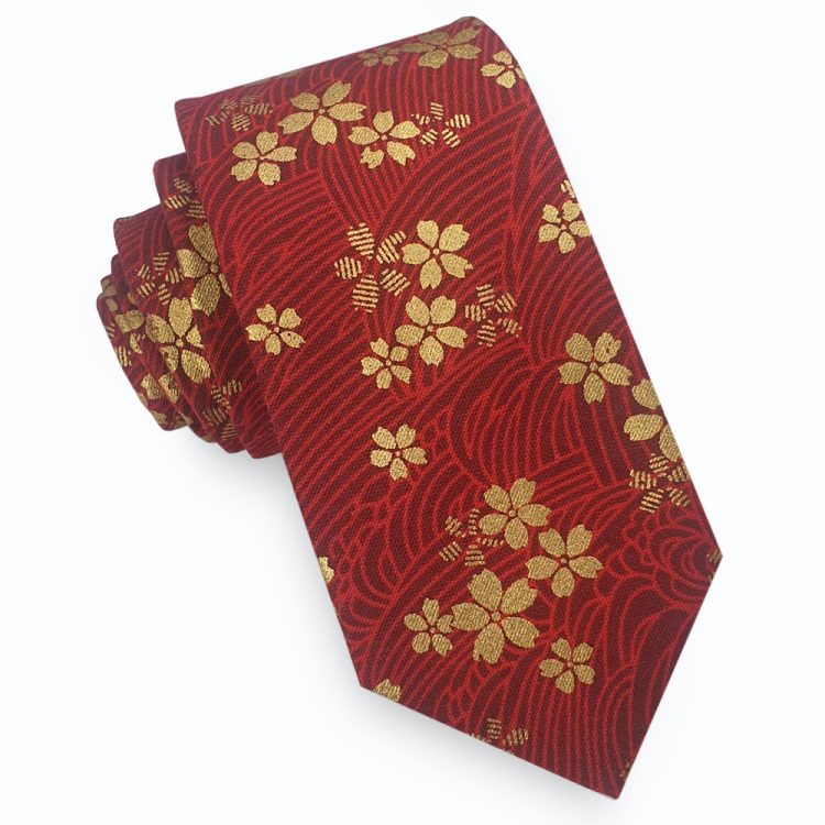 Red & Gold Asian Floral Slim Tie