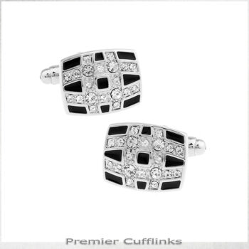 Curved Diamante Lines On Black Cufflinks