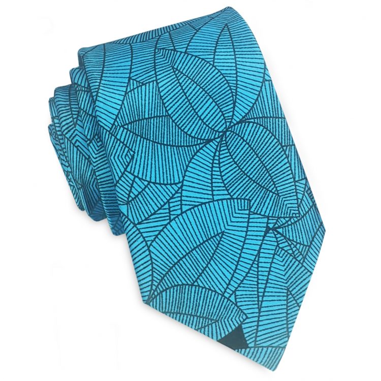 Turquoise with Black Geometric Leaves Slim Tie