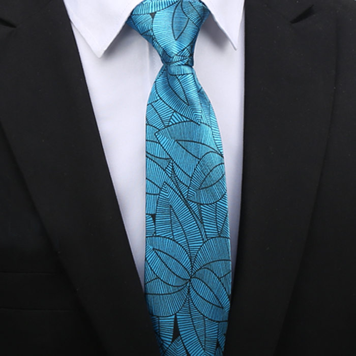 Turquoise with Black Geometric Leaves Slim Tie