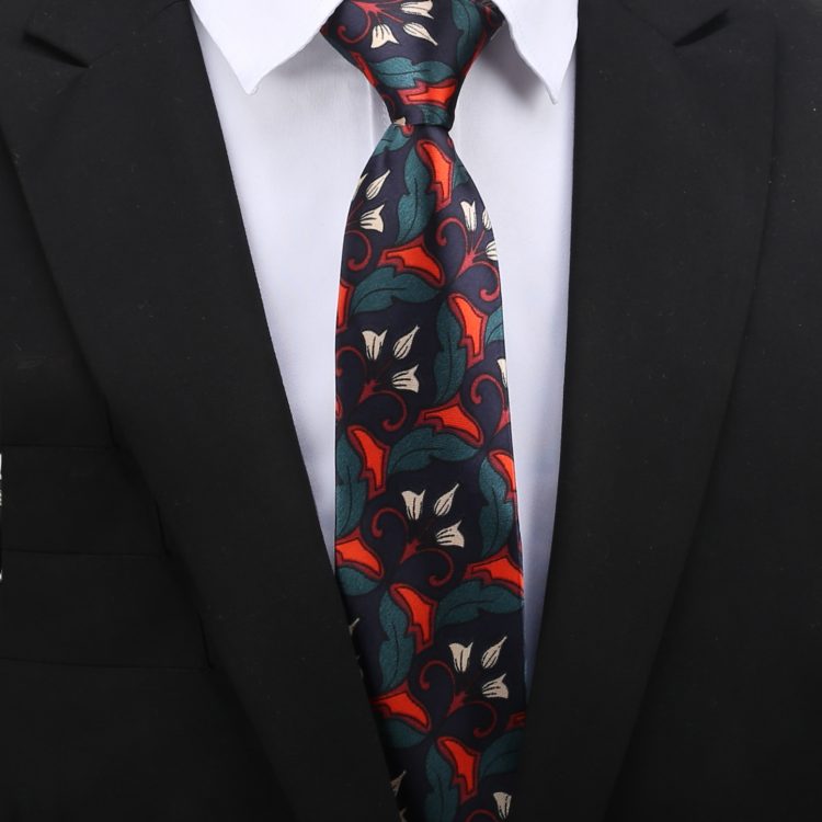 Dark Blue with Red & Green Geometric Floral Slim Tie