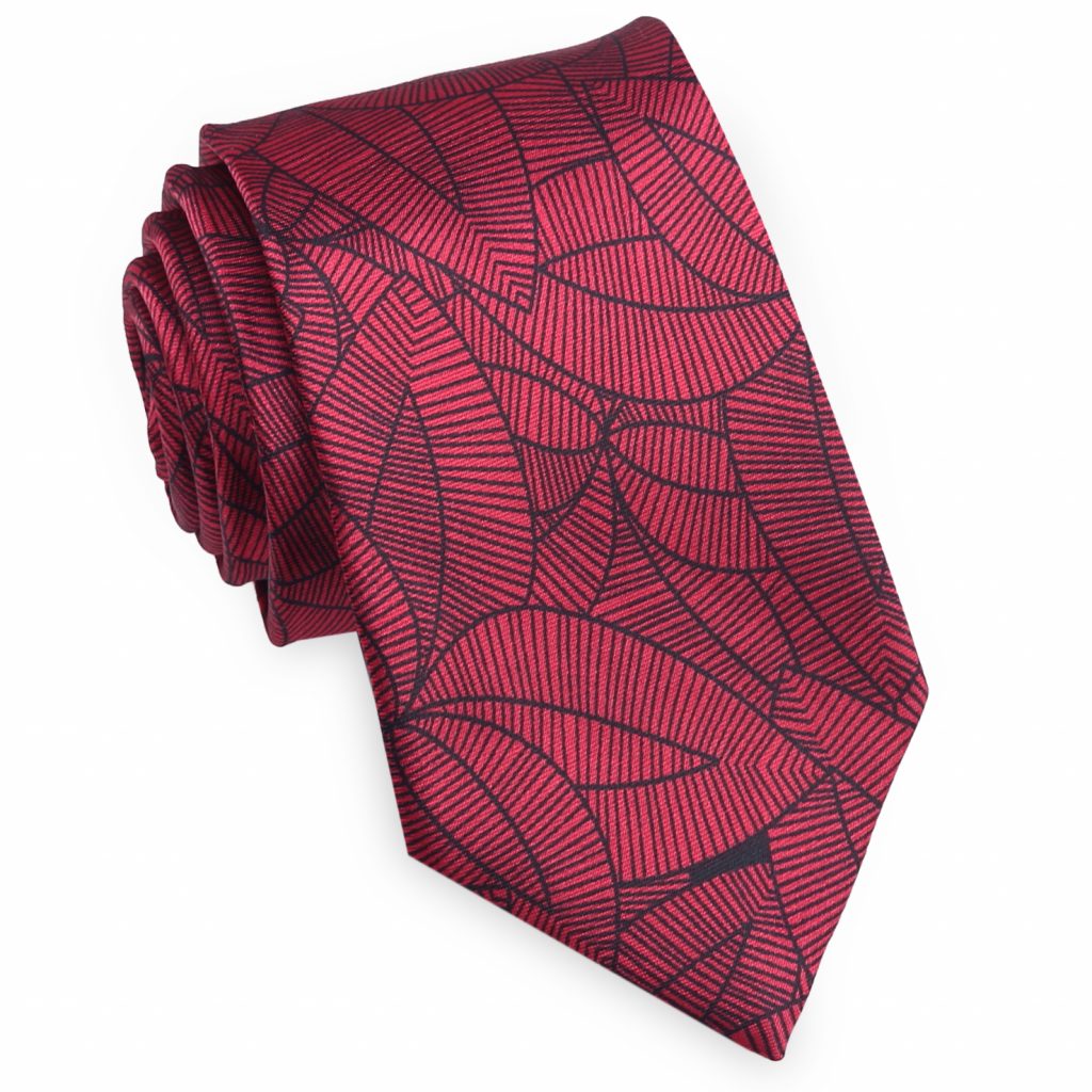 Red with Black Geometric Leaves Slim Tie