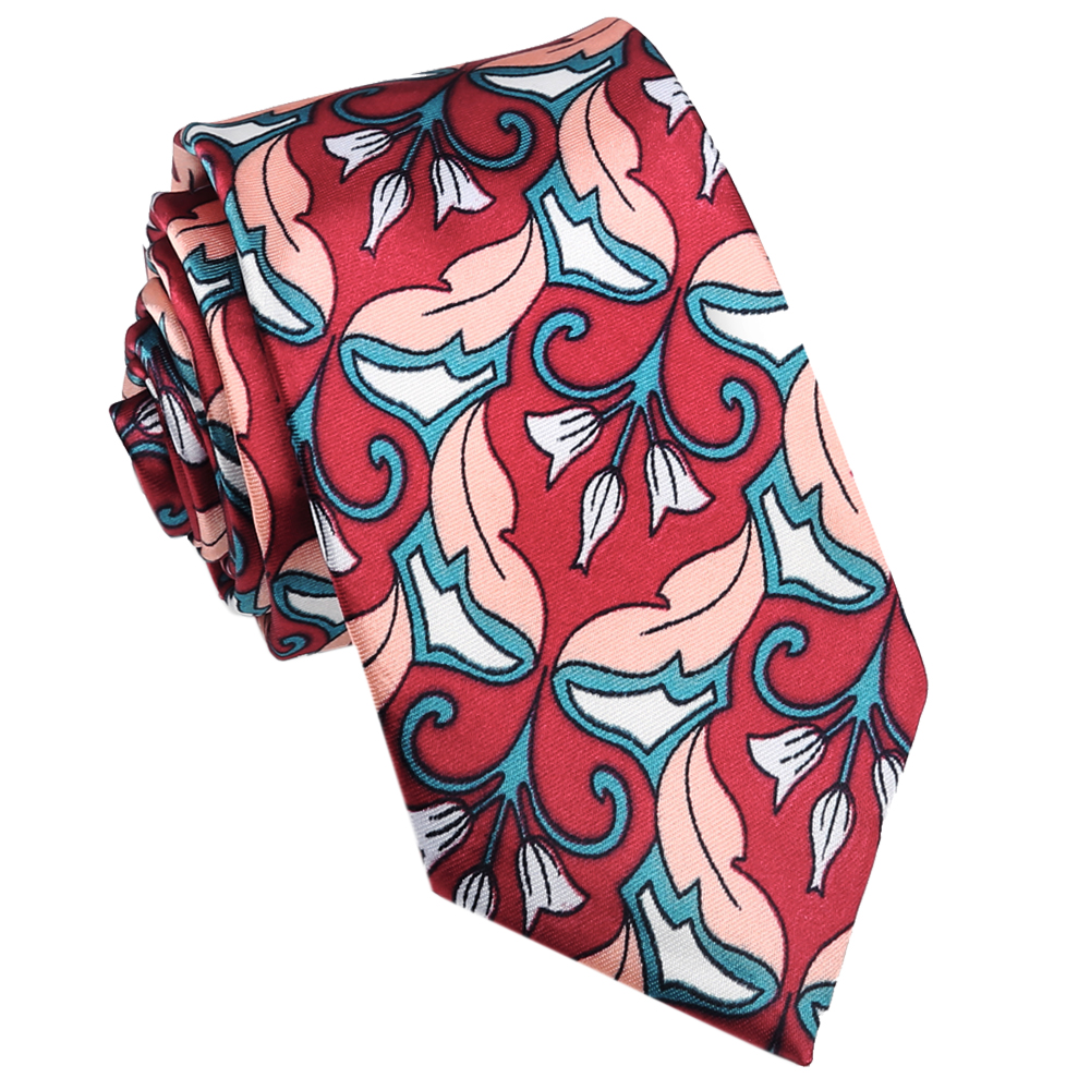 Red with White and Coral Geometric Floral Slim Tie