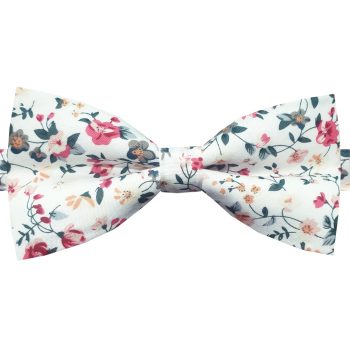 White With Red, Green & Coral Floral Bow Tie