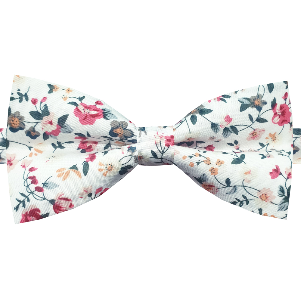 White with Red, Green and Coral Floral Bow Tie