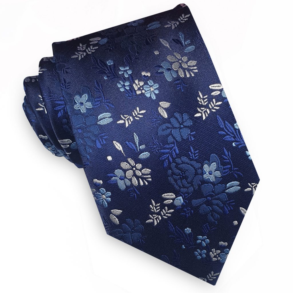 Dark Blue with Sky Blue & White Flowers Tie
