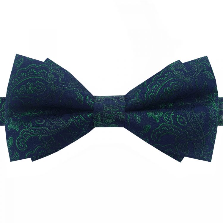 Dark blue and green paisley bow tie