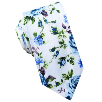 White With Light & Dark Blue Floral Men’s Slim Tie